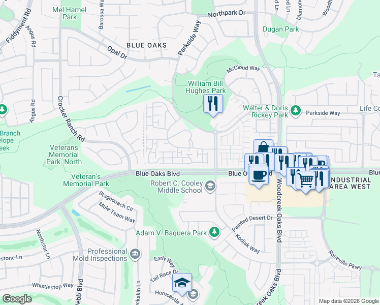 map of restaurants, bars, coffee shops, grocery stores, and more near 1225 Marseille Lane in Roseville
