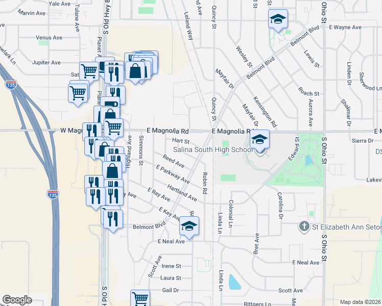 map of restaurants, bars, coffee shops, grocery stores, and more near 2474 Robin Road in Salina