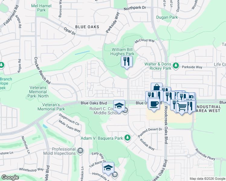 map of restaurants, bars, coffee shops, grocery stores, and more near 1225 Marseille Lane in Roseville