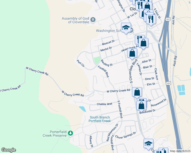 map of restaurants, bars, coffee shops, grocery stores, and more near 105 Saint Michael Court in Cloverdale