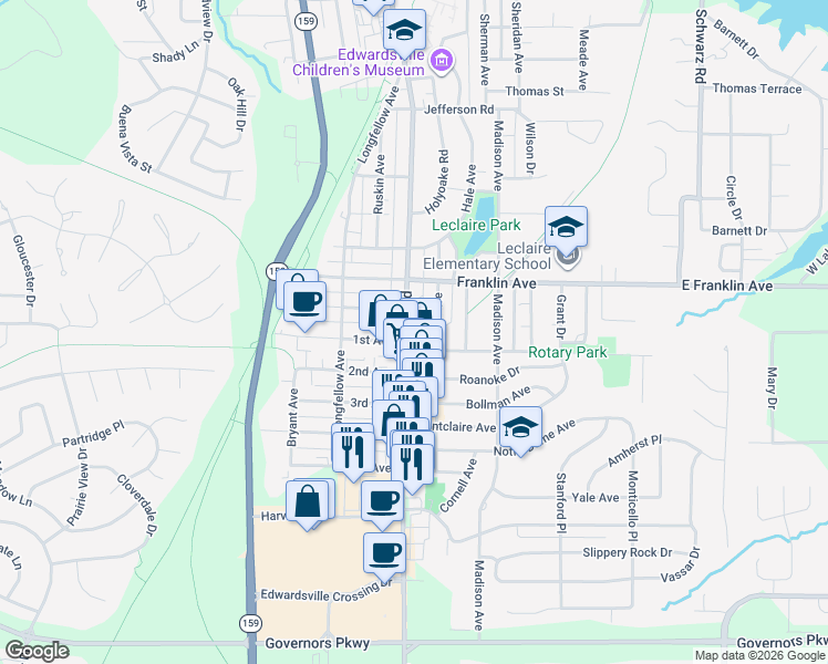map of restaurants, bars, coffee shops, grocery stores, and more near 1500C Hadley Avenue in Edwardsville