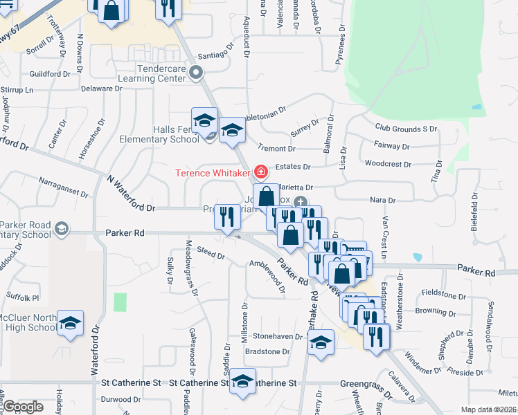 map of restaurants, bars, coffee shops, grocery stores, and more near 13225 New Halls Ferry Road in Florissant