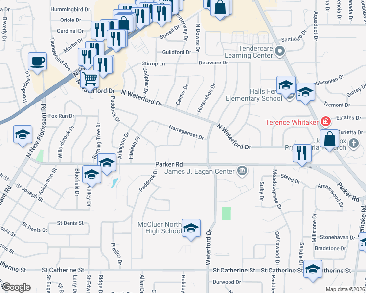 map of restaurants, bars, coffee shops, grocery stores, and more near 7 Bridle Path Court in Florissant