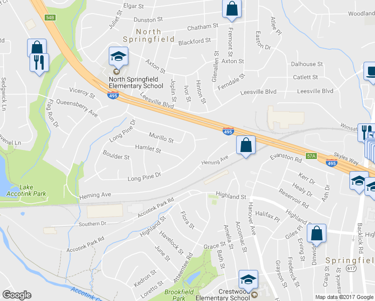 map of restaurants, bars, coffee shops, grocery stores, and more near 7456 Long Pine Drive in Springfield