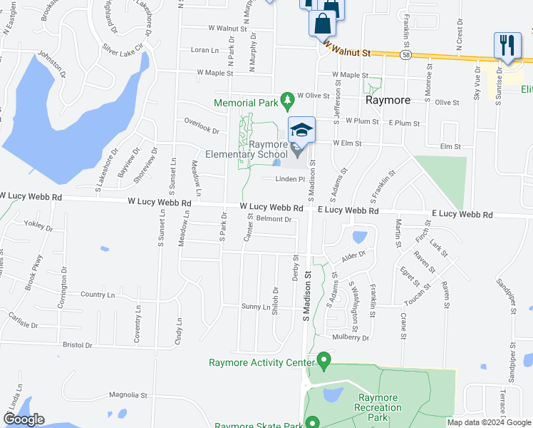 map of restaurants, bars, coffee shops, grocery stores, and more near 502 Belmont Drive in Raymore