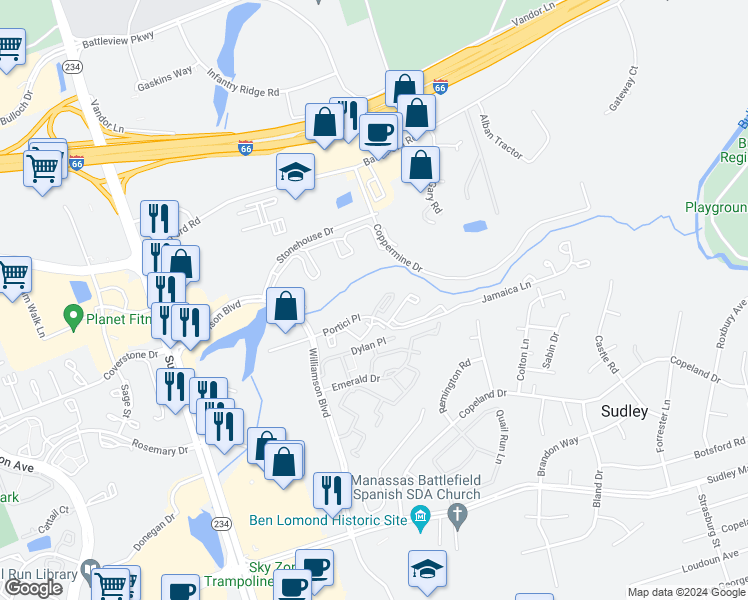 map of restaurants, bars, coffee shops, grocery stores, and more near 7350 Wichita Court in Manassas