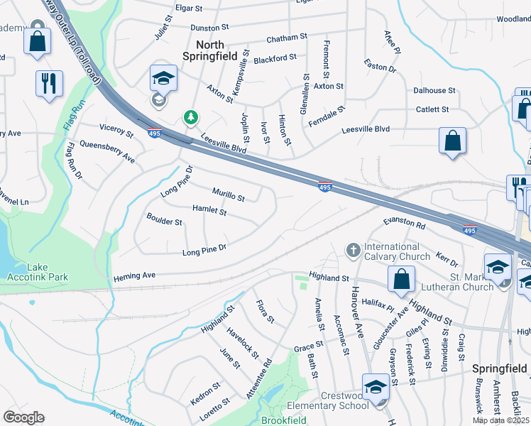 map of restaurants, bars, coffee shops, grocery stores, and more near 7456 Long Pine Drive in Springfield