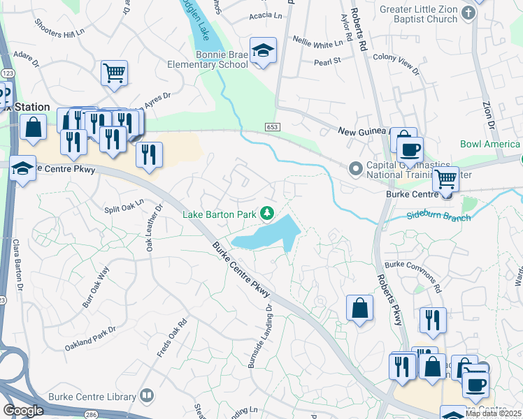map of restaurants, bars, coffee shops, grocery stores, and more near 5748 Lakeside Oak Lane in Burke