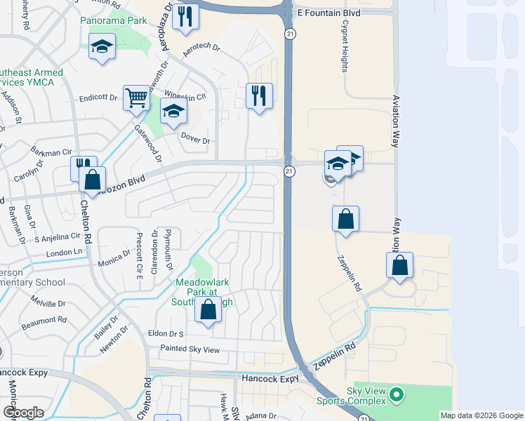 map of restaurants, bars, coffee shops, grocery stores, and more near H Street in Colorado Springs