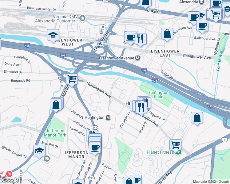 map of restaurants, bars, coffee shops, grocery stores, and more near 2451 Midtown Avenue in Alexandria
