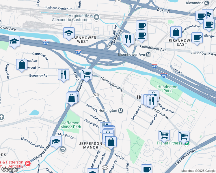 map of restaurants, bars, coffee shops, grocery stores, and more near 2602 Indian Drive in Alexandria