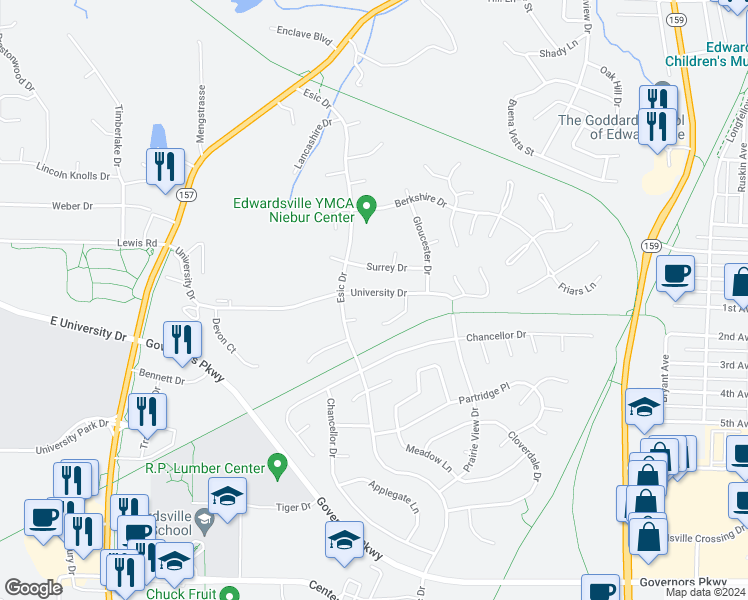 map of restaurants, bars, coffee shops, grocery stores, and more near 970 University Drive in Edwardsville