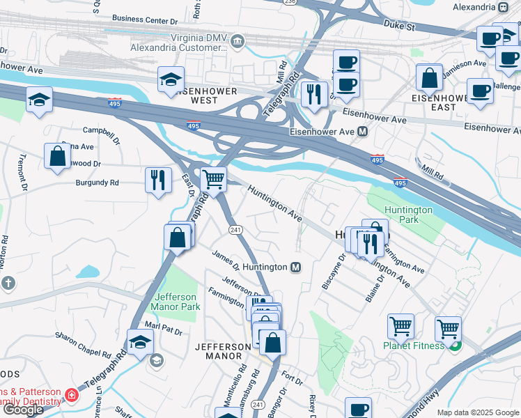 map of restaurants, bars, coffee shops, grocery stores, and more near 2602 Indian Drive in Alexandria