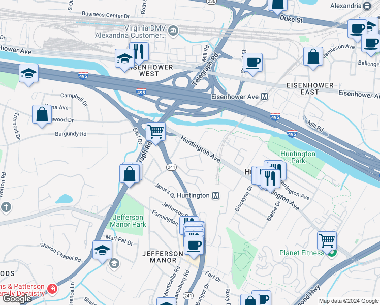 map of restaurants, bars, coffee shops, grocery stores, and more near 2608 Indian Drive in Alexandria