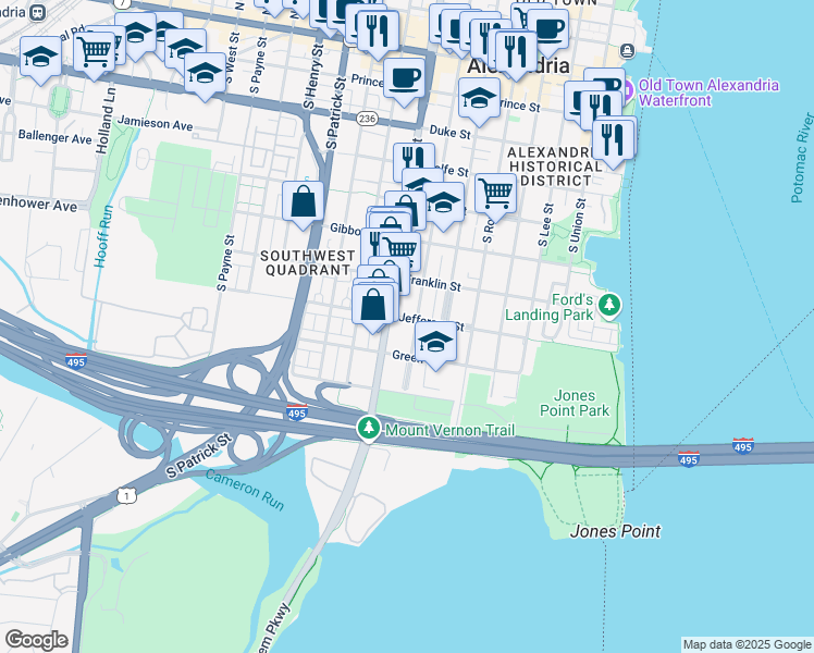 map of restaurants, bars, coffee shops, grocery stores, and more near 620 Jefferson Street in Alexandria