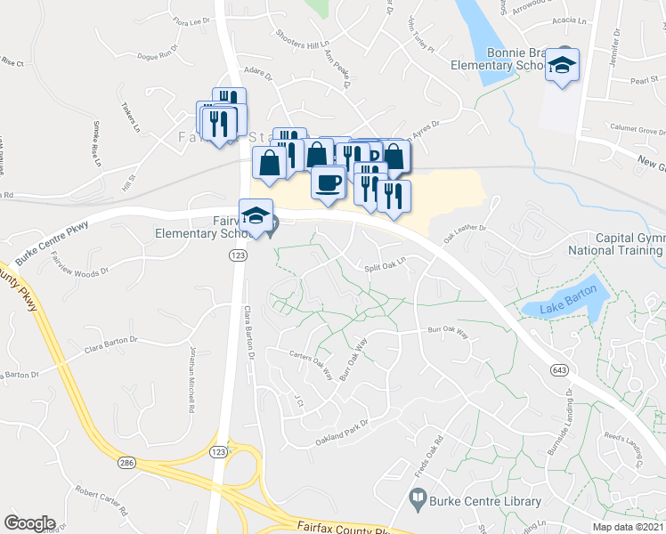 map of restaurants, bars, coffee shops, grocery stores, and more near 5805 Jacksons Oak Ct in Burke