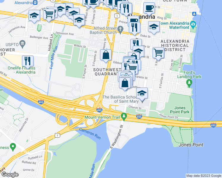 map of restaurants, bars, coffee shops, grocery stores, and more near 819 South Alfred Street in Alexandria