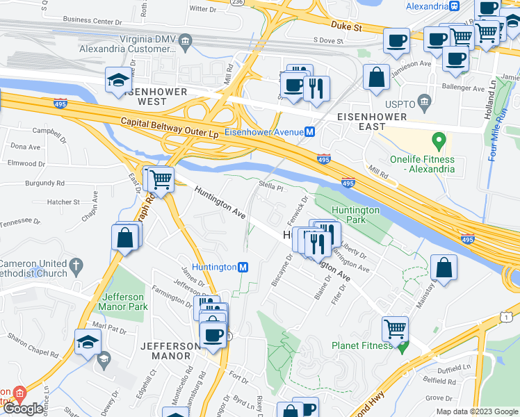 map of restaurants, bars, coffee shops, grocery stores, and more near 2451 Midtown Avenue in Alexandria