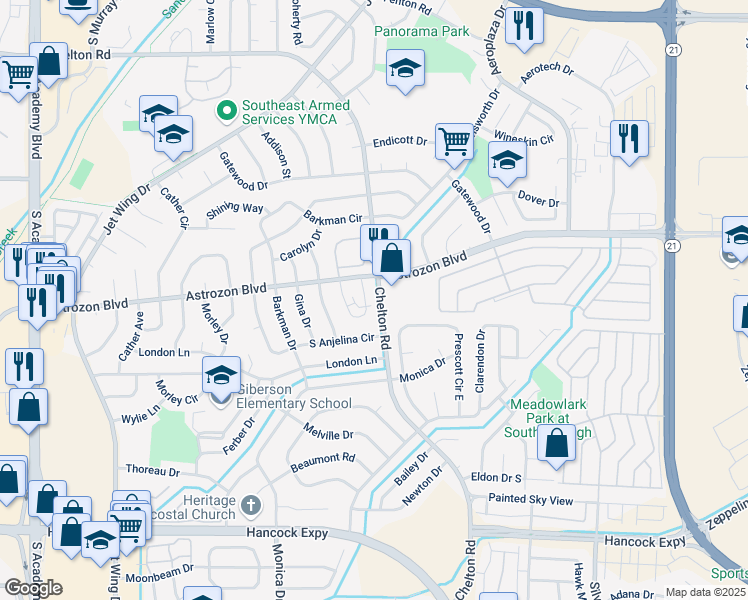 map of restaurants, bars, coffee shops, grocery stores, and more near 2524 Astrozon Circle in Colorado Springs