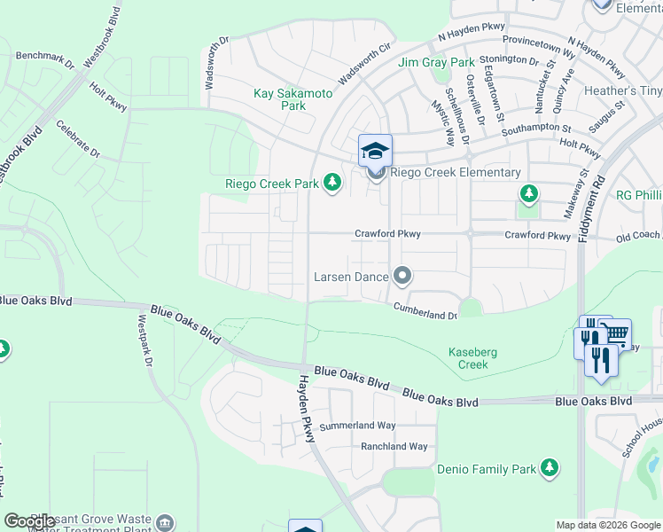 map of restaurants, bars, coffee shops, grocery stores, and more near Blue Oaks Boulevard in Roseville