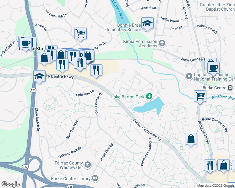map of restaurants, bars, coffee shops, grocery stores, and more near 10699 Spring Oak Court in Burke