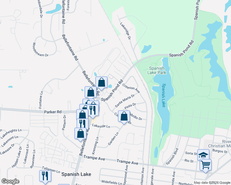 map of restaurants, bars, coffee shops, grocery stores, and more near 12337 Santa Maria Drive in St. Louis