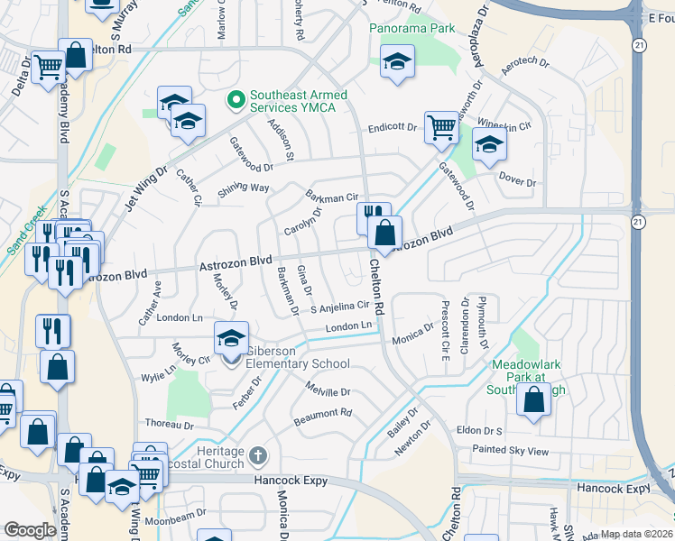 map of restaurants, bars, coffee shops, grocery stores, and more near 2466 Astrozon Circle in Colorado Springs