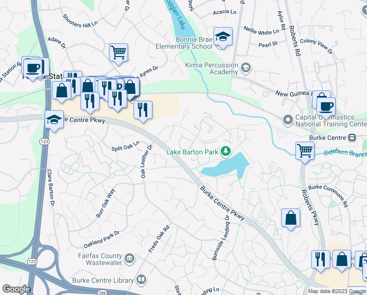map of restaurants, bars, coffee shops, grocery stores, and more near 10662 Spring Oak Court in Burke