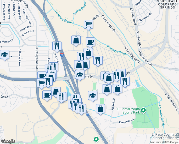 map of restaurants, bars, coffee shops, grocery stores, and more near 3275 Janitell Road in Colorado Springs