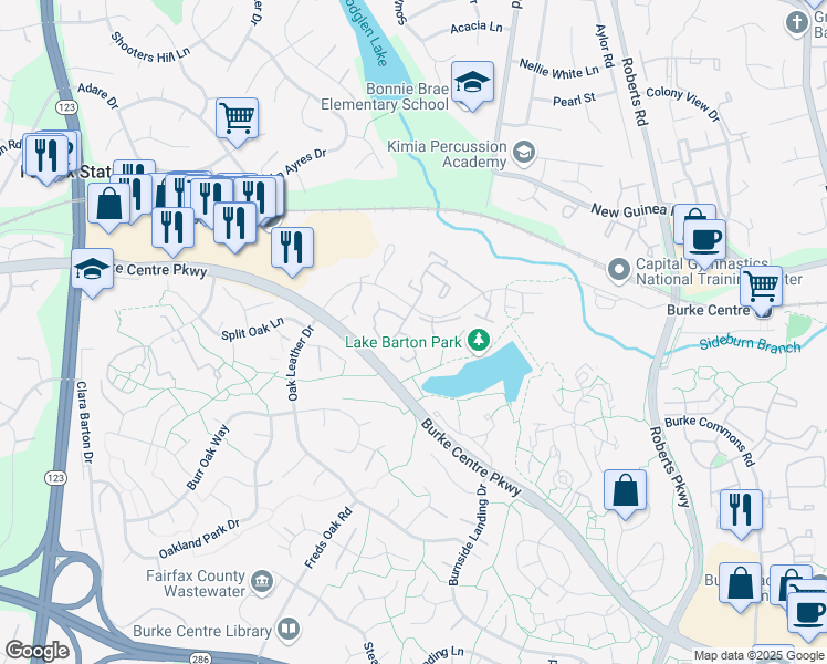 map of restaurants, bars, coffee shops, grocery stores, and more near 5711 Oakshore Court in Burke