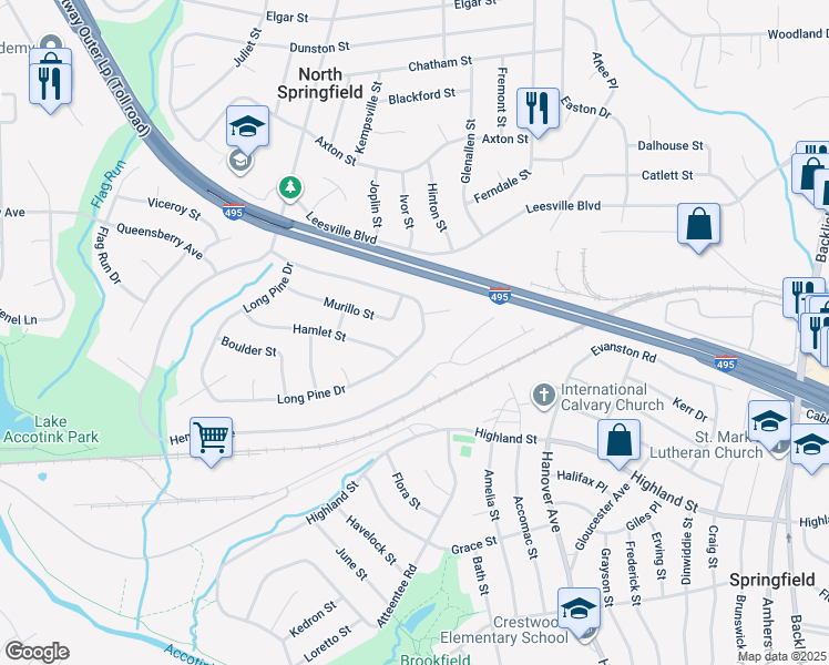 map of restaurants, bars, coffee shops, grocery stores, and more near 7450 Long Pine Drive in Springfield