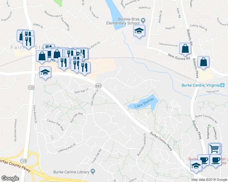 map of restaurants, bars, coffee shops, grocery stores, and more near 10697 Spring Oak Court in Burke