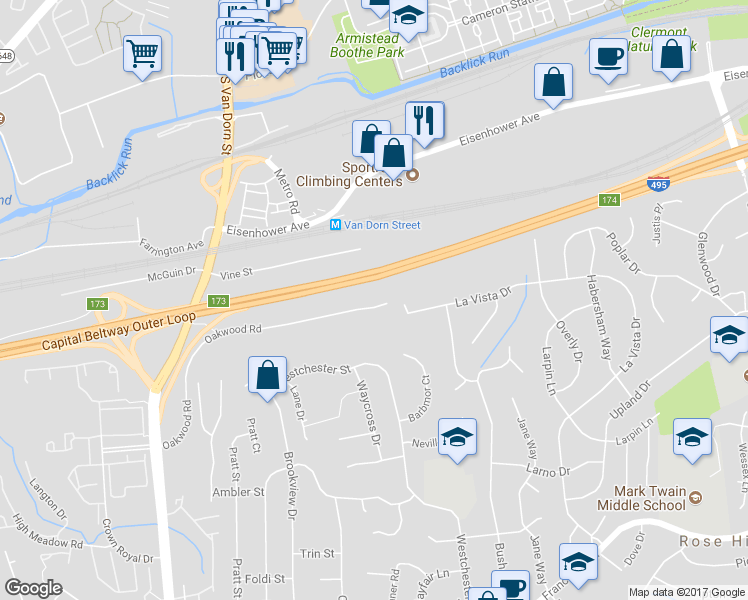 map of restaurants, bars, coffee shops, grocery stores, and more near 5404 Oakwood Road in Alexandria