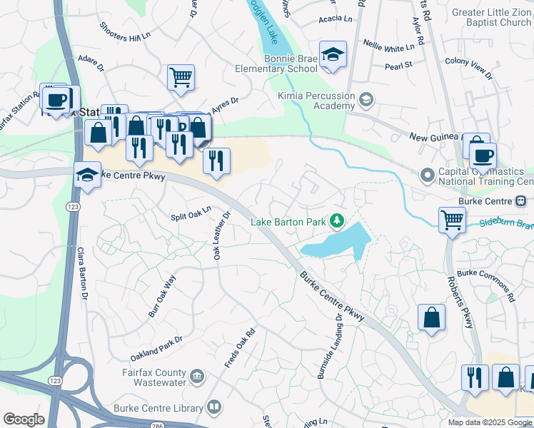 map of restaurants, bars, coffee shops, grocery stores, and more near 10697 Spring Oak Court in Burke
