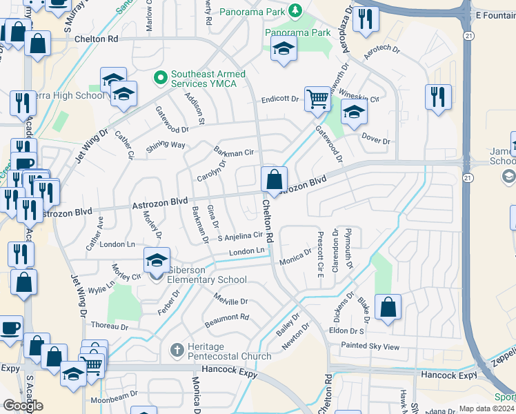 map of restaurants, bars, coffee shops, grocery stores, and more near 2564 Astrozon Circle in Colorado Springs