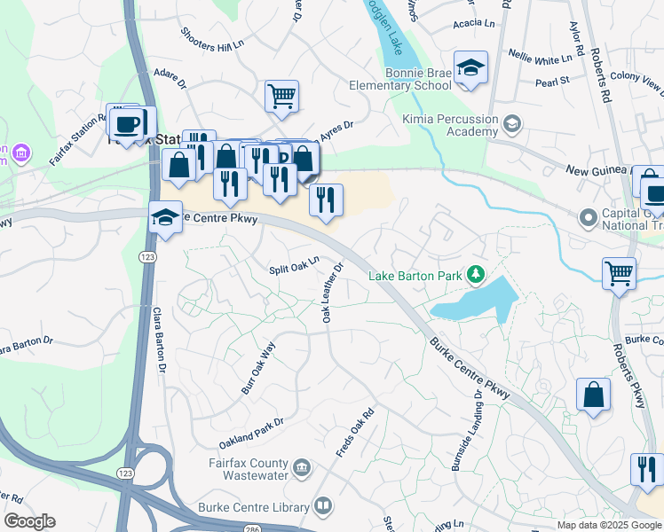 map of restaurants, bars, coffee shops, grocery stores, and more near 10801 Split Oak Lane in Burke