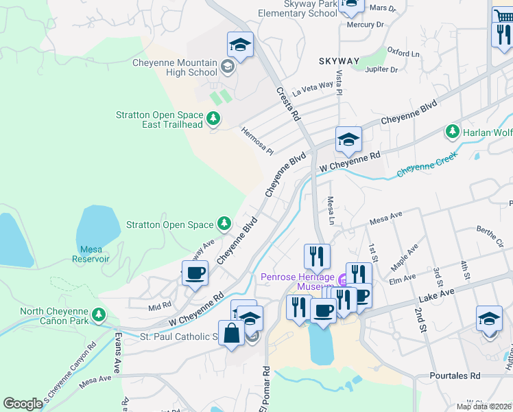 map of restaurants, bars, coffee shops, grocery stores, and more near 1414 Cheyenne Boulevard in Colorado Springs