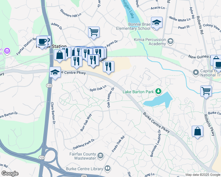 map of restaurants, bars, coffee shops, grocery stores, and more near 10801 Split Oak Lane in Burke