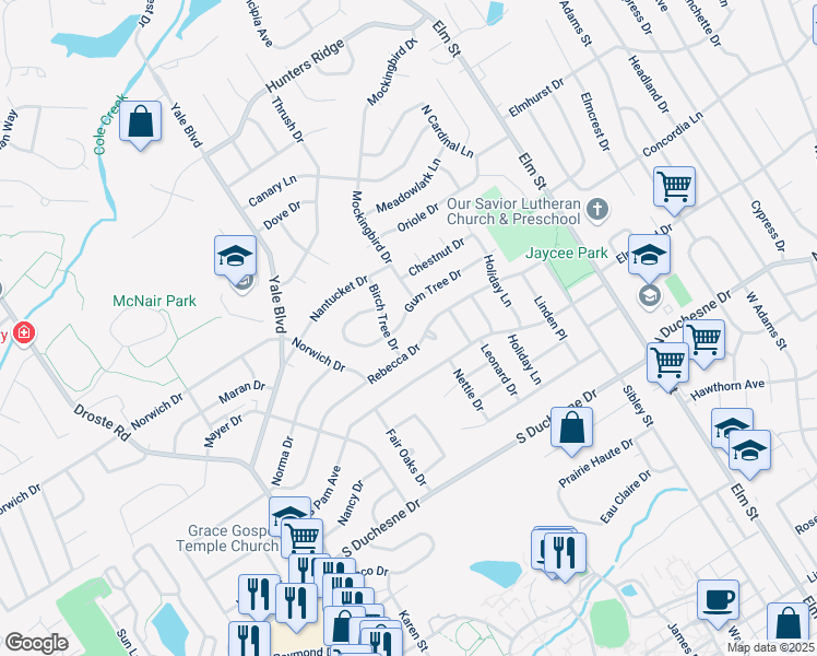 map of restaurants, bars, coffee shops, grocery stores, and more near 2801 Mockingbird Drive in Saint Charles