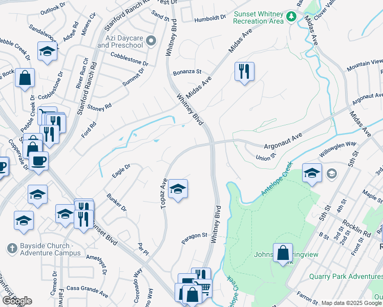 map of restaurants, bars, coffee shops, grocery stores, and more near 4900 Topaz Avenue in Rocklin