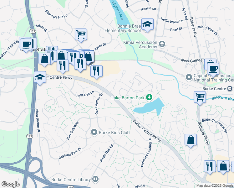 map of restaurants, bars, coffee shops, grocery stores, and more near 10701 Spring Oak Court in Burke