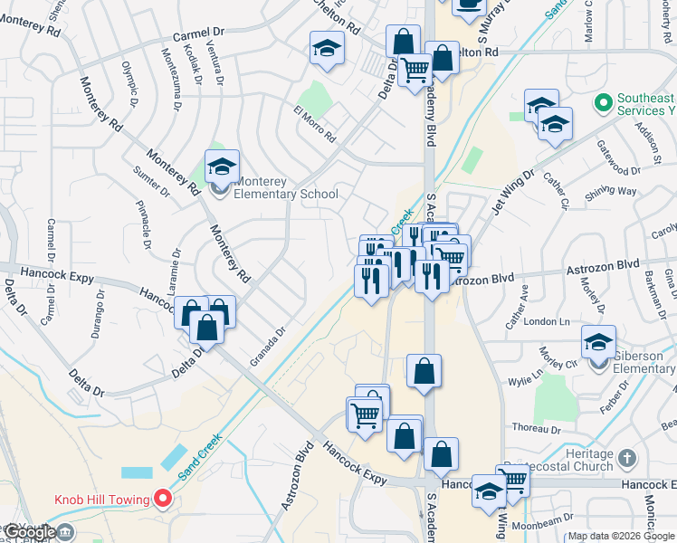 map of restaurants, bars, coffee shops, grocery stores, and more near 2263 San Marcos Drive in Colorado Springs
