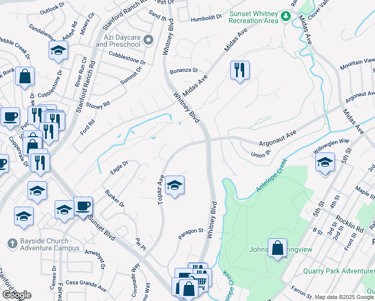 map of restaurants, bars, coffee shops, grocery stores, and more near 4900 Topaz Avenue in Rocklin