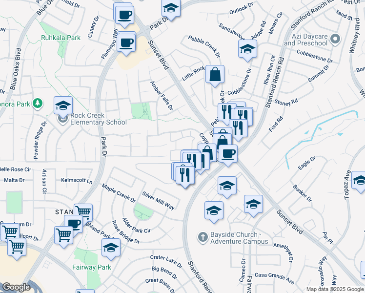 map of restaurants, bars, coffee shops, grocery stores, and more near 2011 Coppervale Circle in Rocklin