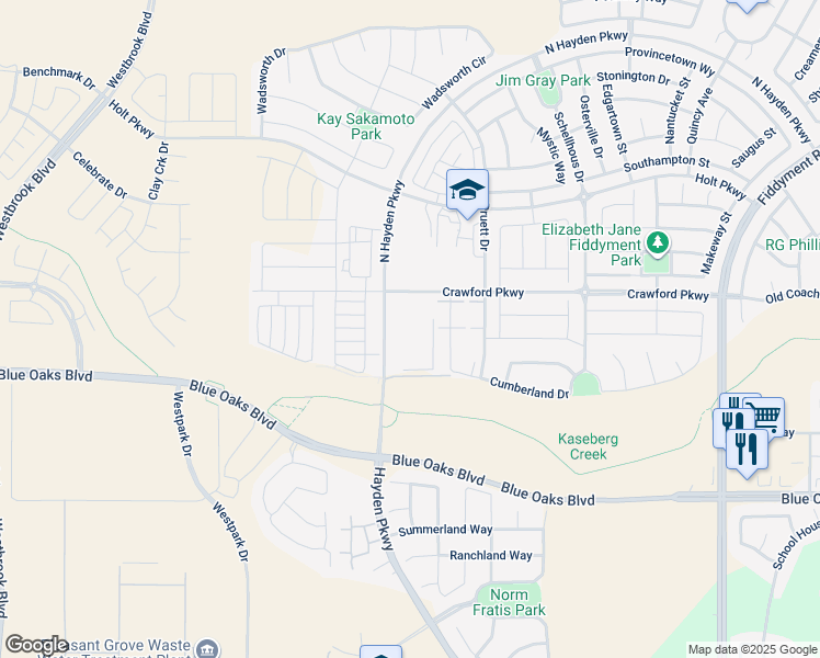 map of restaurants, bars, coffee shops, grocery stores, and more near Blue Oaks Boulevard in Roseville