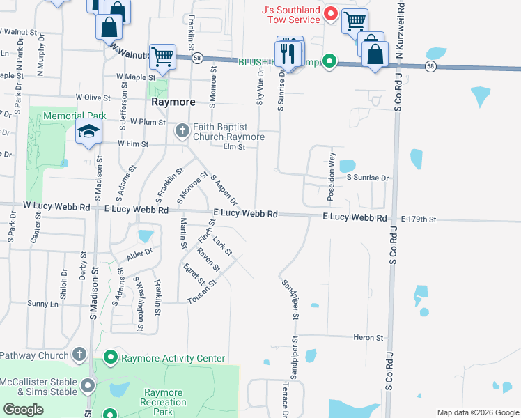 map of restaurants, bars, coffee shops, grocery stores, and more near 517 Sky Vue Drive in Raymore