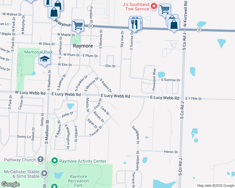 map of restaurants, bars, coffee shops, grocery stores, and more near 517 Sky Vue Drive in Raymore