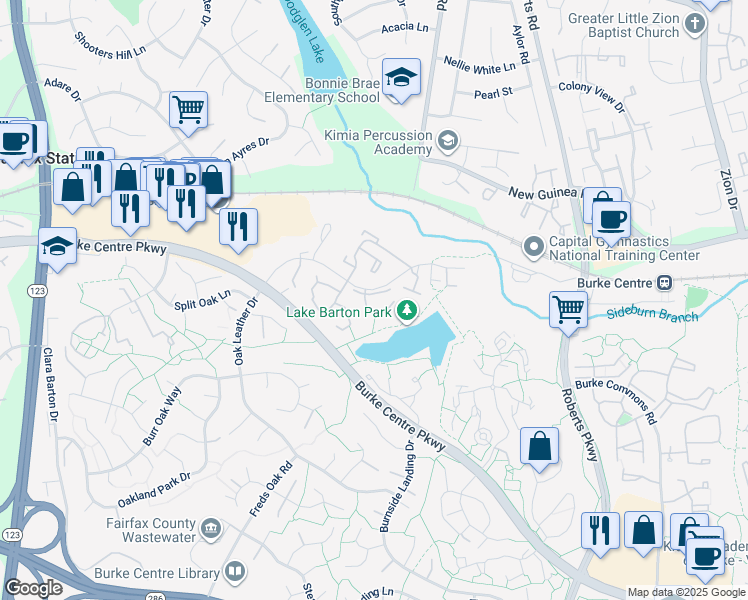 map of restaurants, bars, coffee shops, grocery stores, and more near 10623 Lakeside Oak Court in Burke