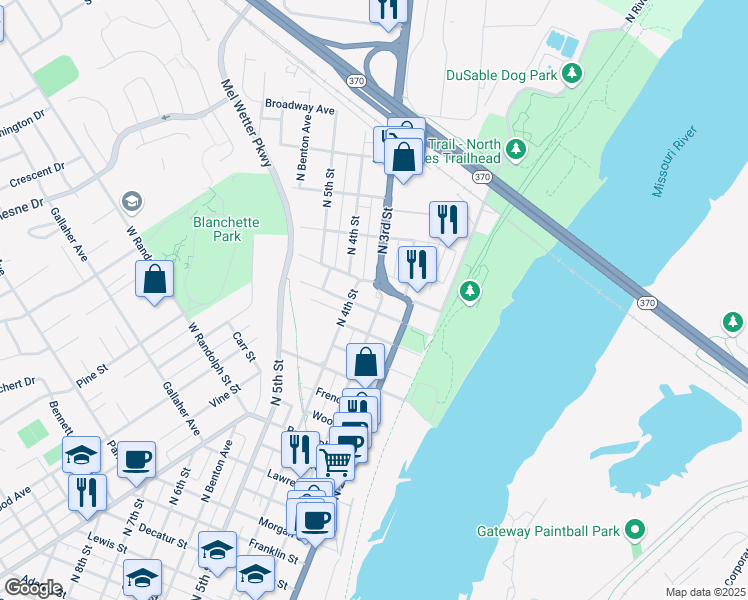 map of restaurants, bars, coffee shops, grocery stores, and more near 1924 North 4th Street in Saint Charles