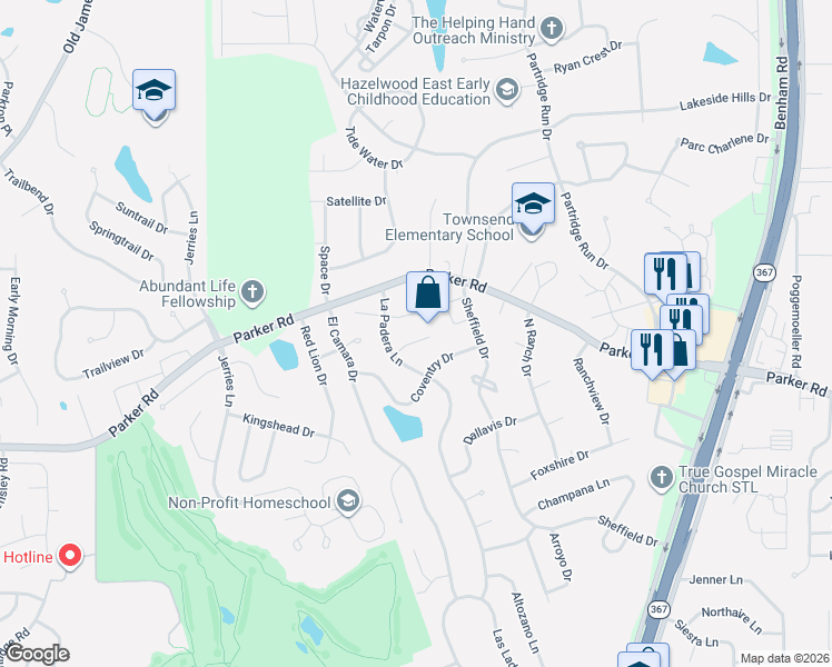 map of restaurants, bars, coffee shops, grocery stores, and more near 6225 Pennyrich Court in Florissant